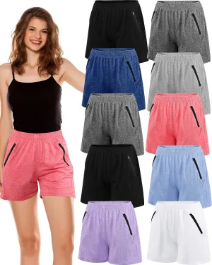 Chuarry 10 Pack Womens Workout Active Athletic Shorts, Dry Fit Running Hiking Gym Shorts with Subtle Zipper Pockets