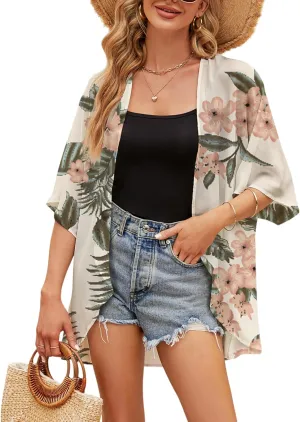 Chunoy Women Chiffon Kimono Cardigan Short Sleeve Open Front Tops Beach Wear Cover Up