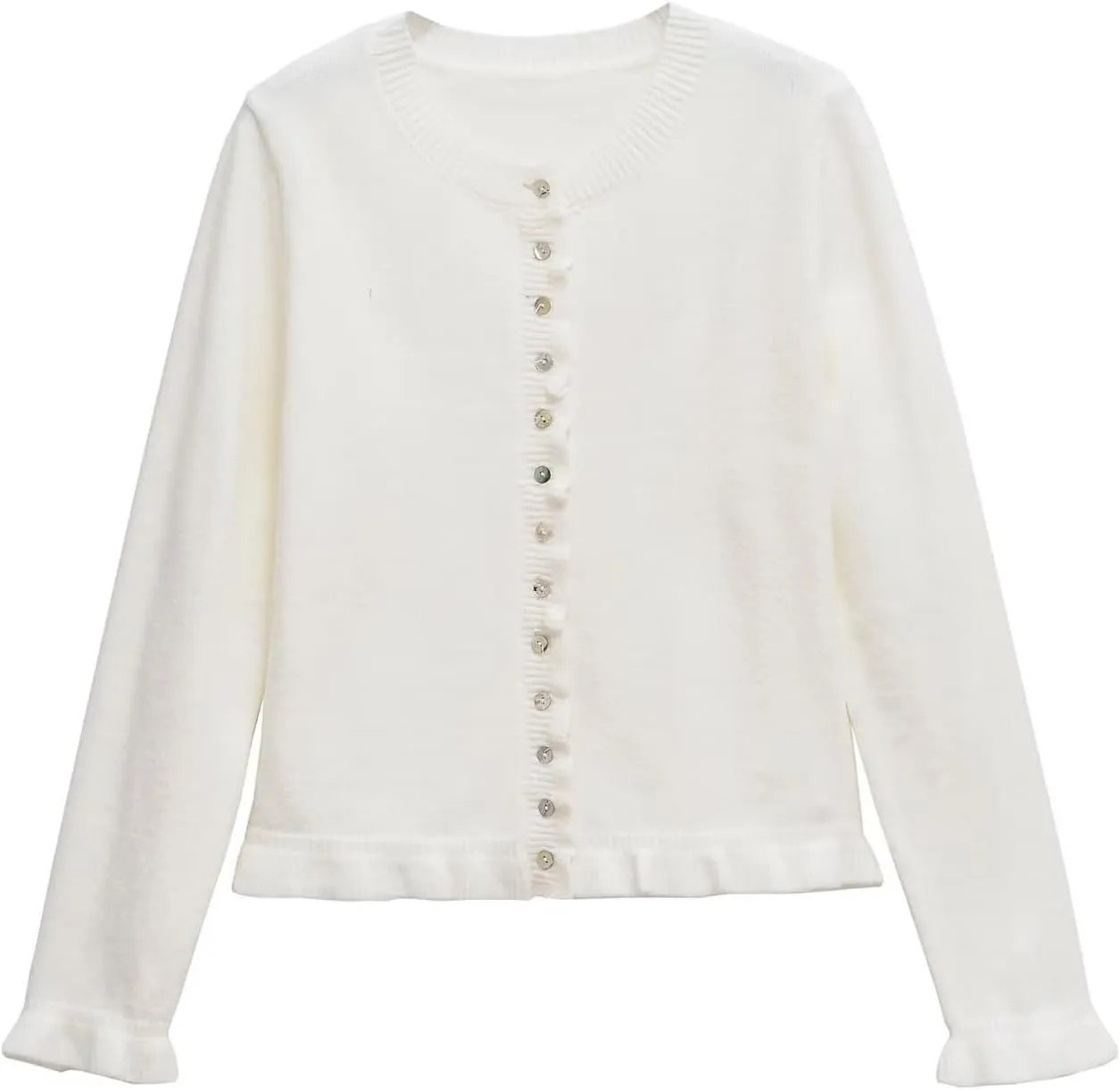 Cioatin Women Y2K Ruffle Knit Open Front Button Down Sweater Cardigan Long Sleeve Crewneck Lightweight Pullover Fall Outfits