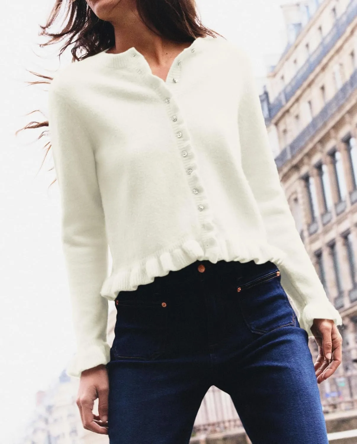 Cioatin Women Y2K Ruffle Knit Open Front Button Down Sweater Cardigan Long Sleeve Crewneck Lightweight Pullover Fall Outfits