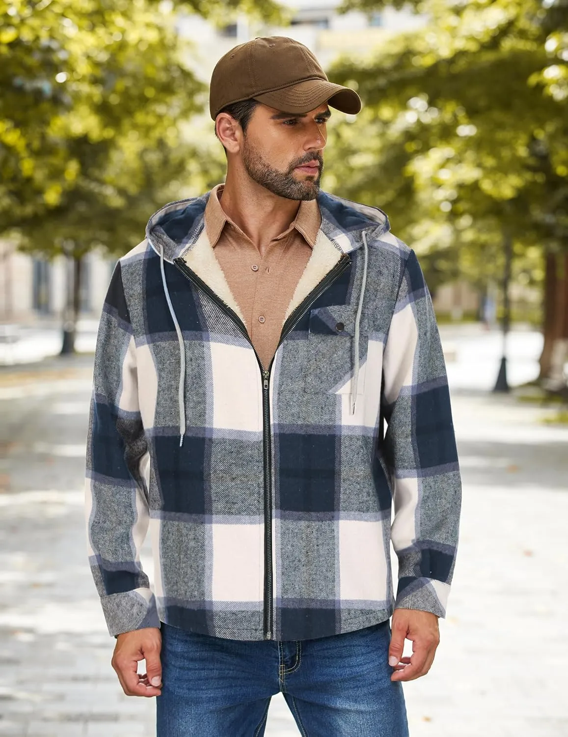 COOFANDY Men's Flannel Fleece Jacket Sherpa Lined Shirt Jacket Plaid Zip Up Hoodie Soft Warm Coat with Hood