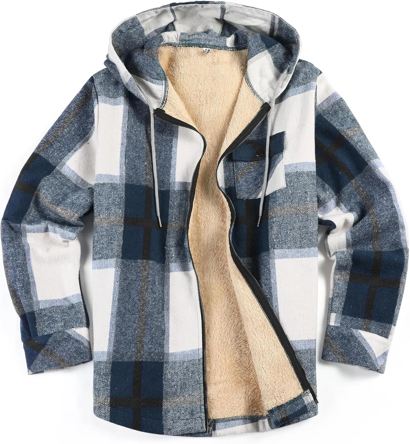 COOFANDY Men's Flannel Fleece Jacket Sherpa Lined Shirt Jacket Plaid Zip Up Hoodie Soft Warm Coat with Hood