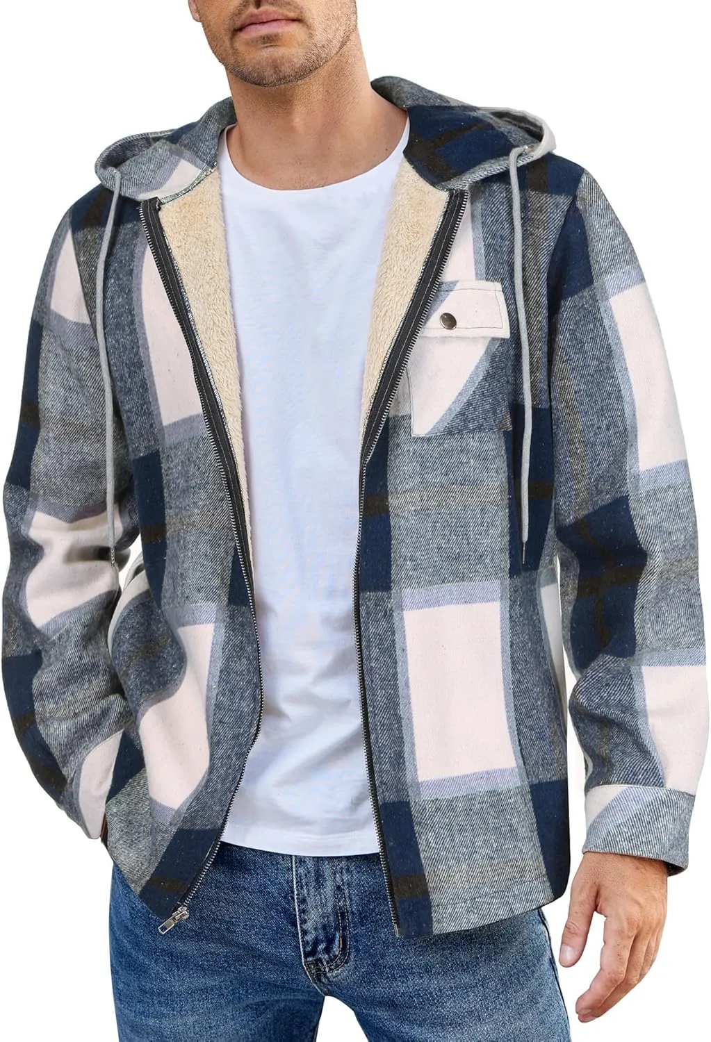 COOFANDY Men's Flannel Fleece Jacket Sherpa Lined Shirt Jacket Plaid Zip Up Hoodie Soft Warm Coat with Hood