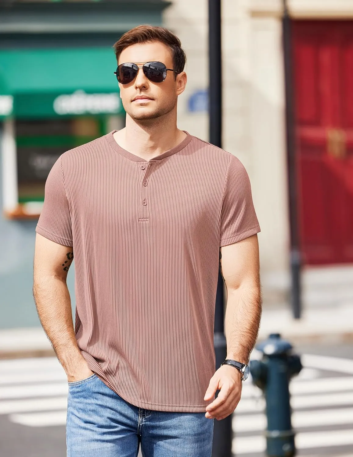 COOFANDY Men's Henley Shirts Short Sleeve Casual Tee Summer Button Henley Soild T Shirts