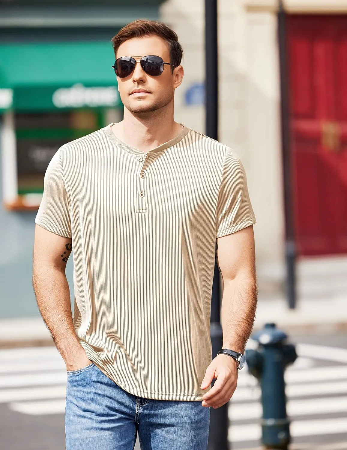 COOFANDY Men's Henley Shirts Short Sleeve Casual Tee Summer Button Henley Soild T Shirts