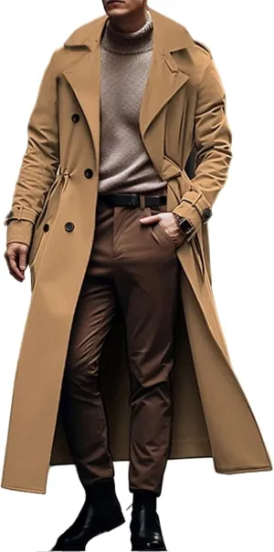 crazynekos Men's Long Trench Coat Outdoor Windbreaker Fall & Winter Polyester Outerwear Fashion Streetwear