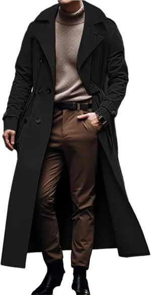 crazynekos Men's Long Trench Coat Outdoor Windbreaker Fall & Winter Polyester Outerwear Fashion Streetwear