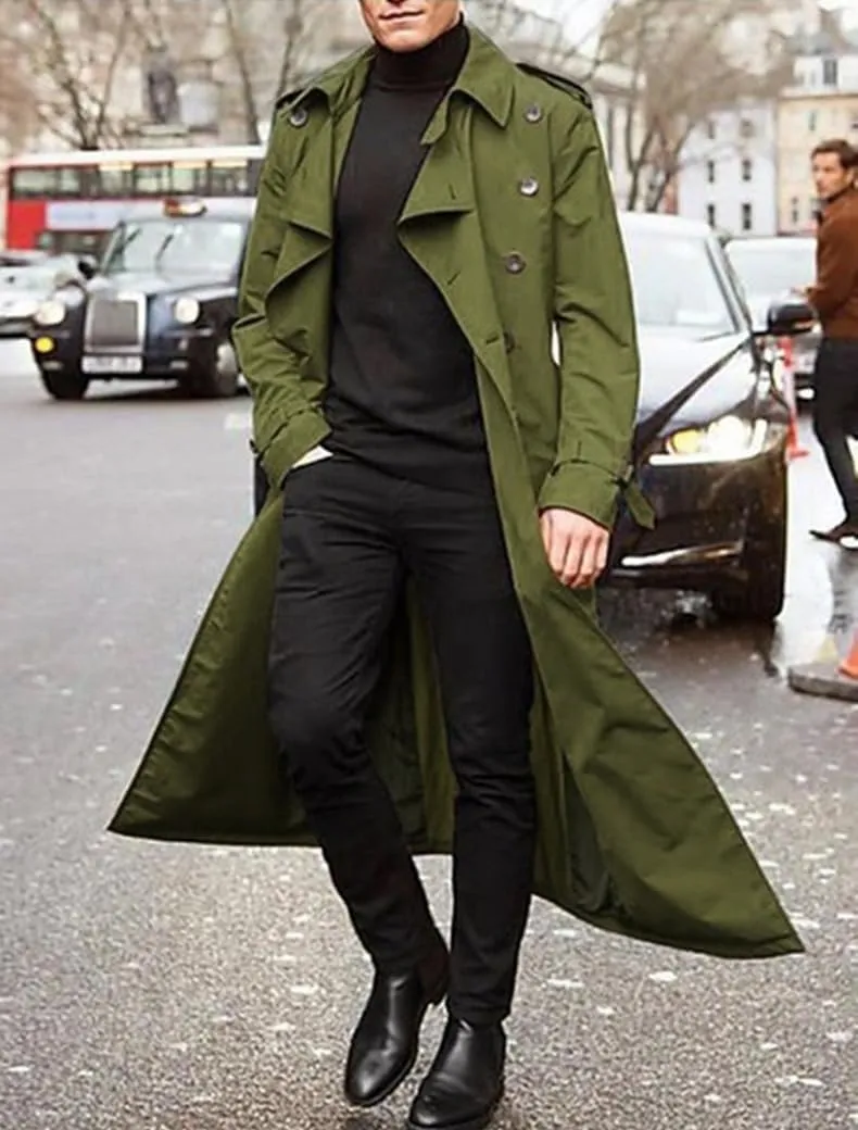 crazynekos Men's Long Trench Coat Outdoor Windbreaker Fall & Winter Polyester Outerwear Fashion Streetwear