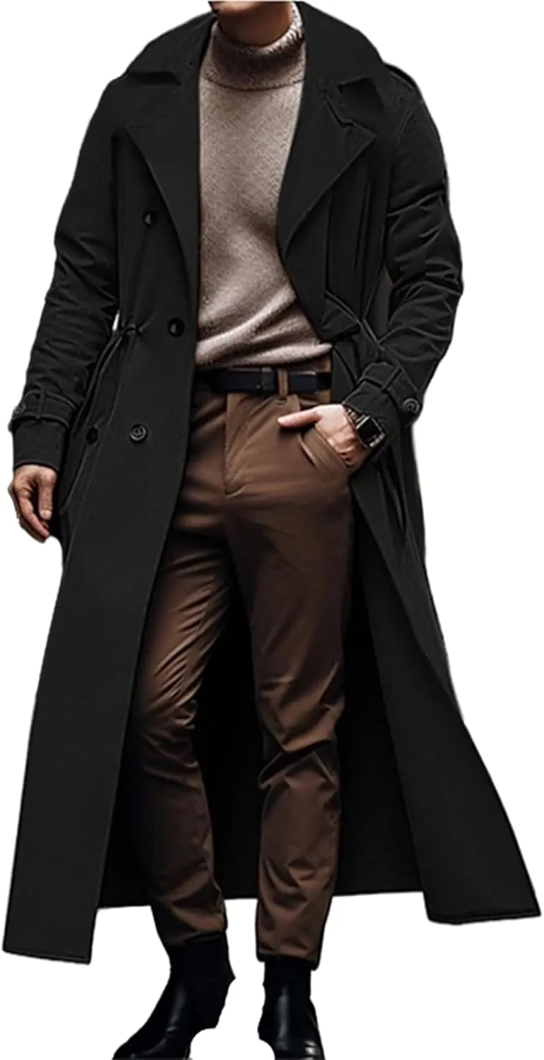 crazynekos Men's Long Trench Coat Outdoor Windbreaker Fall & Winter Polyester Outerwear Fashion Streetwear