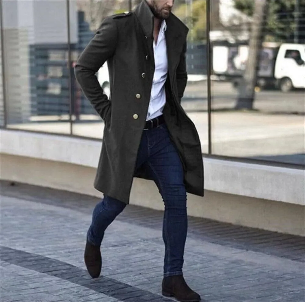 crazynekos Men's Woolen Trench Coat French Business Overcoat Winter Warm Long Top Coat