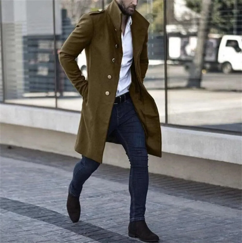 crazynekos Men's Woolen Trench Coat French Business Overcoat Winter Warm Long Top Coat