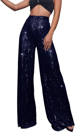 CRNTCEM Women Sparkle Wide Leg Pants Comfy Disco Themed Party Clubwear Vintage Y2K Pants High Wasit Straight Trousers
