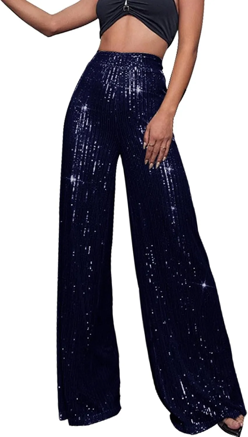 CRNTCEM Women Sparkle Wide Leg Pants Comfy Disco Themed Party Clubwear Vintage Y2K Pants High Wasit Straight Trousers