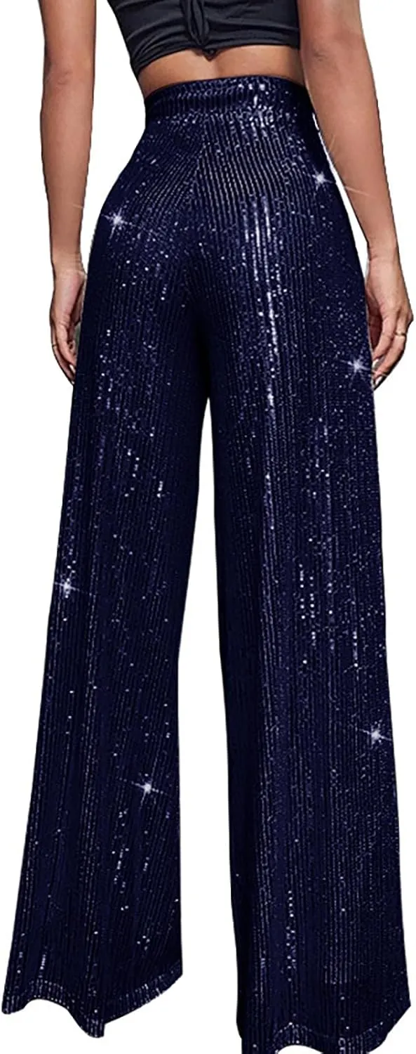 CRNTCEM Women Sparkle Wide Leg Pants Comfy Disco Themed Party Clubwear Vintage Y2K Pants High Wasit Straight Trousers
