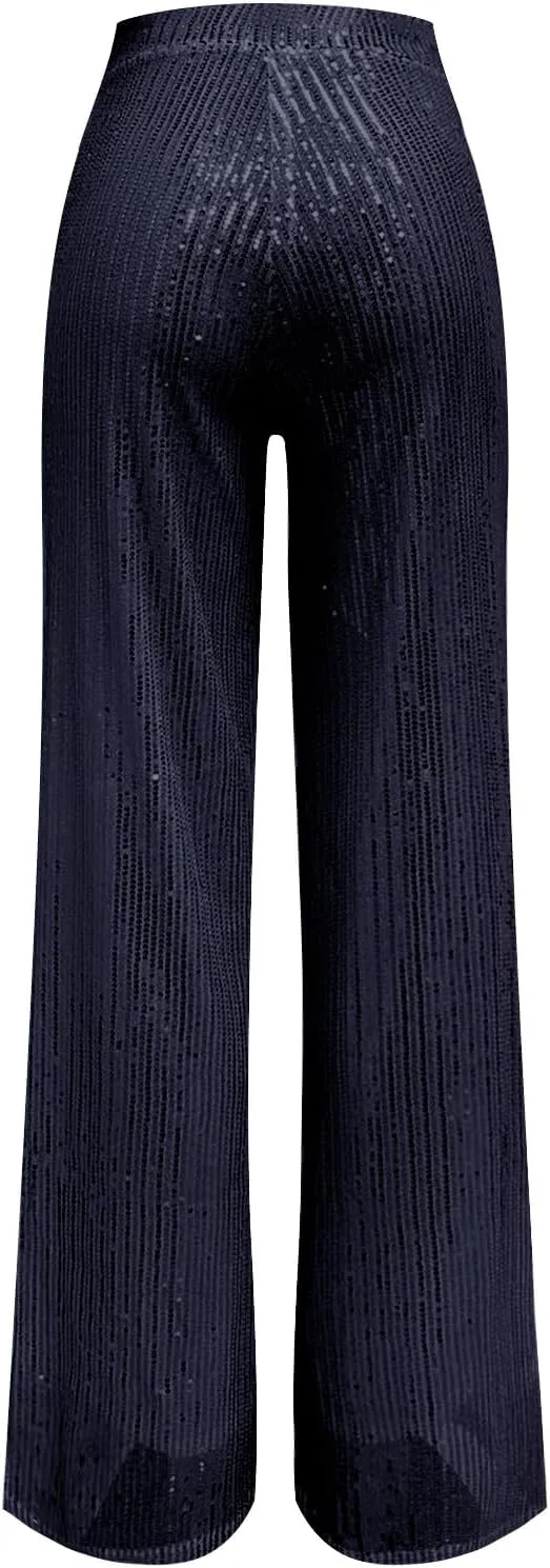 CRNTCEM Women Sparkle Wide Leg Pants Comfy Disco Themed Party Clubwear Vintage Y2K Pants High Wasit Straight Trousers