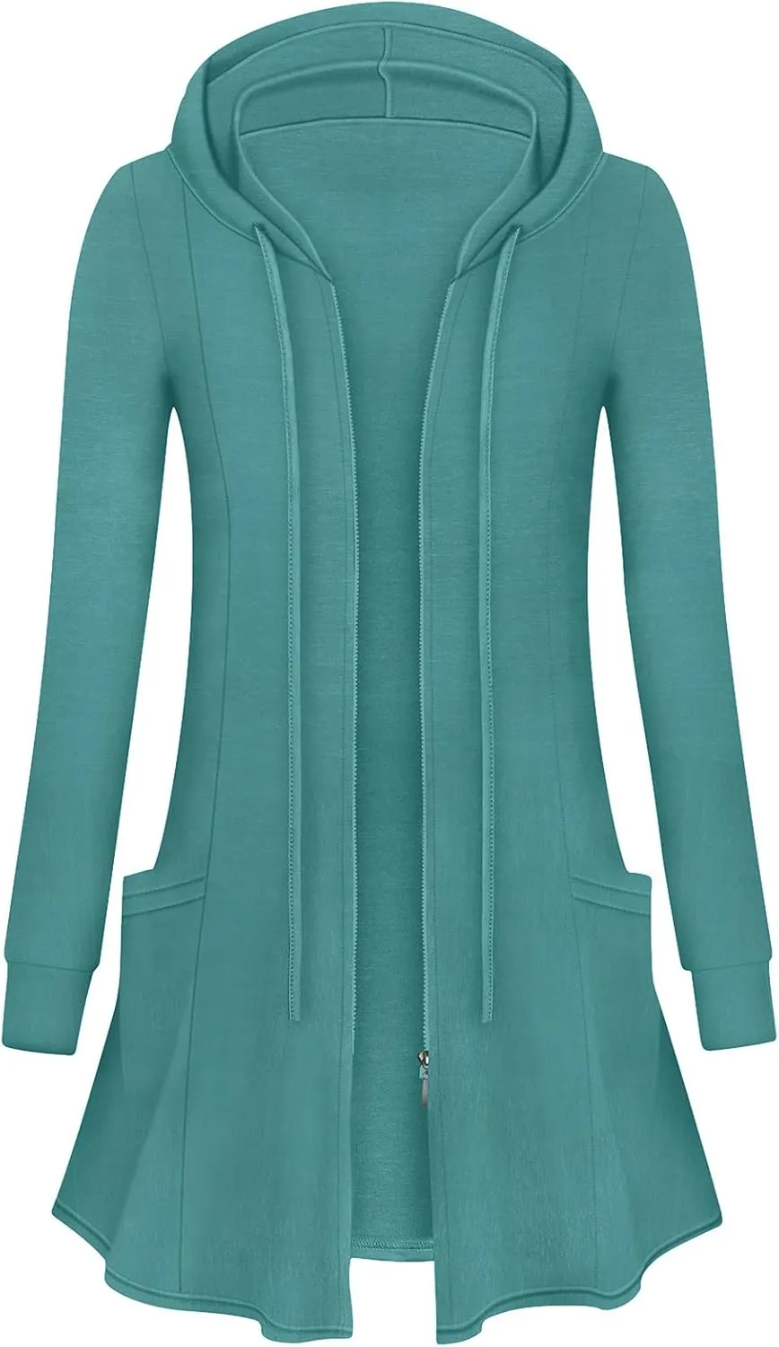 Cucuchy Style Womens Long Hoodies Casual Zip Up Tunic Sweatshirt Open Front Cardigan