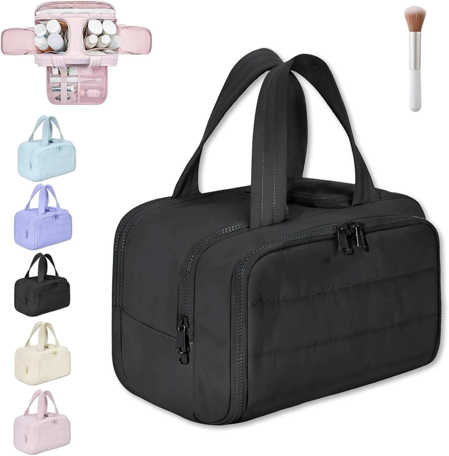 Cureaway Travel Cosmetic Bag, Large Capacity Wide-Open Travel Cosmetic Bag, Flat Toiletry Bags for Women, Wash Pouch Portable Hanging Organizer (Black)