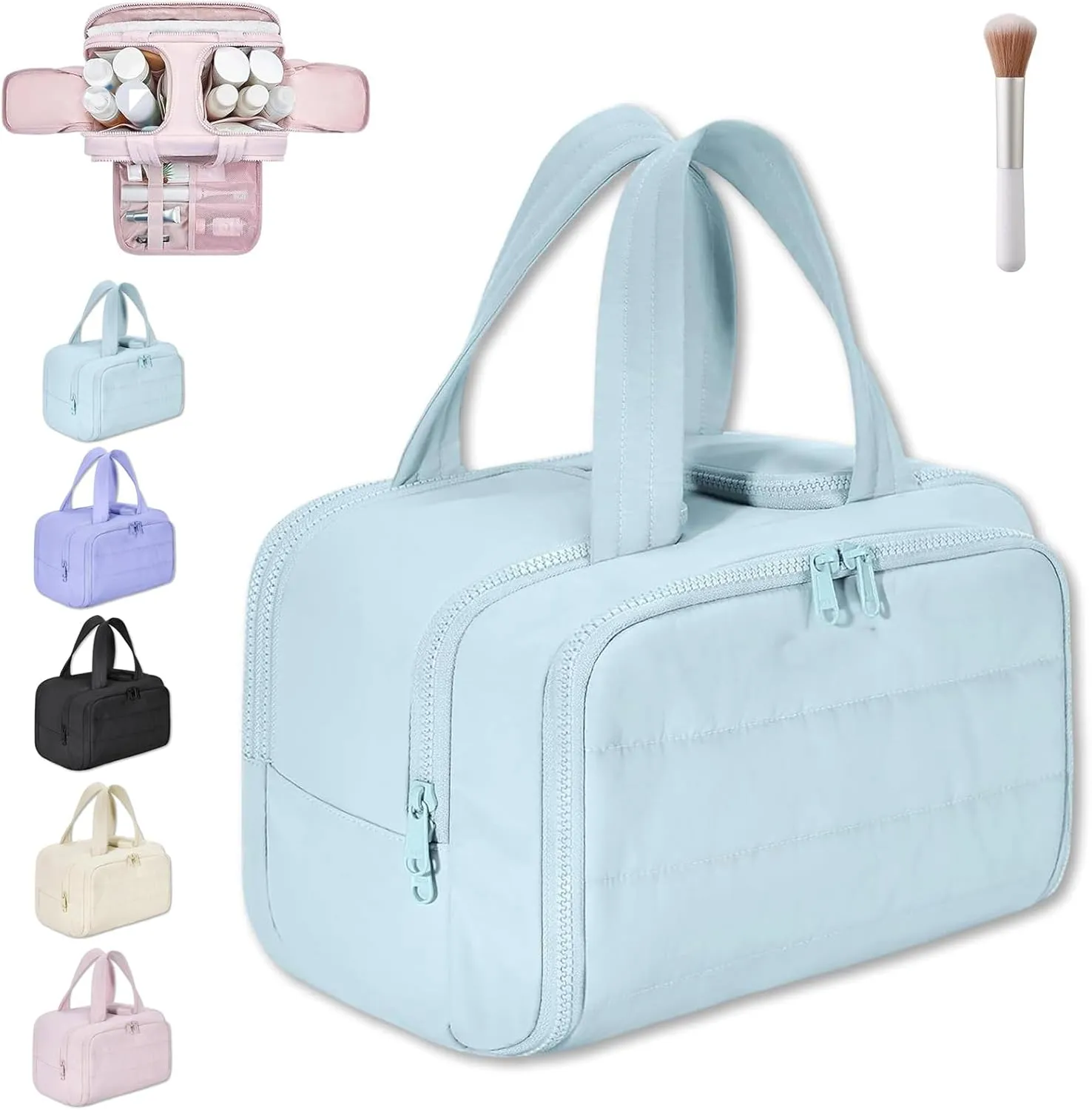 Cureaway Travel Cosmetic Bag, Large Capacity Wide-Open Travel Cosmetic Bag, Flat Toiletry Bags for Women, Wash Pouch Portable Hanging Organizer (Blue)