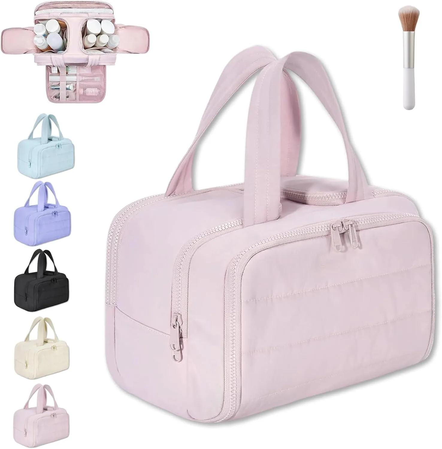 Cureaway Travel Cosmetic Bag, Large Capacity Wide-Open Travel Cosmetic Bag, Flat Toiletry Bags for Women, Wash Pouch Portable Hanging Organizer (Pink)