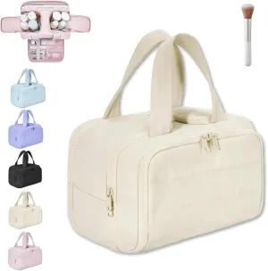 Cureaway Travel Cosmetic Bag, Large Capacity Wide-Open Travel Cosmetic Bag, Flat Toiletry Bags for Women, Wash Pouch Portable Hanging Organizer (White)
