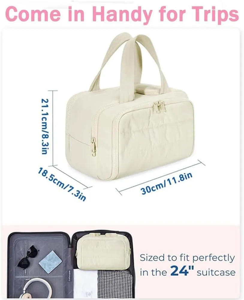 Cureaway Travel Cosmetic Bag, Large Capacity Wide-Open Travel Cosmetic Bag, Flat Toiletry Bags for Women, Wash Pouch Portable Hanging Organizer (White)