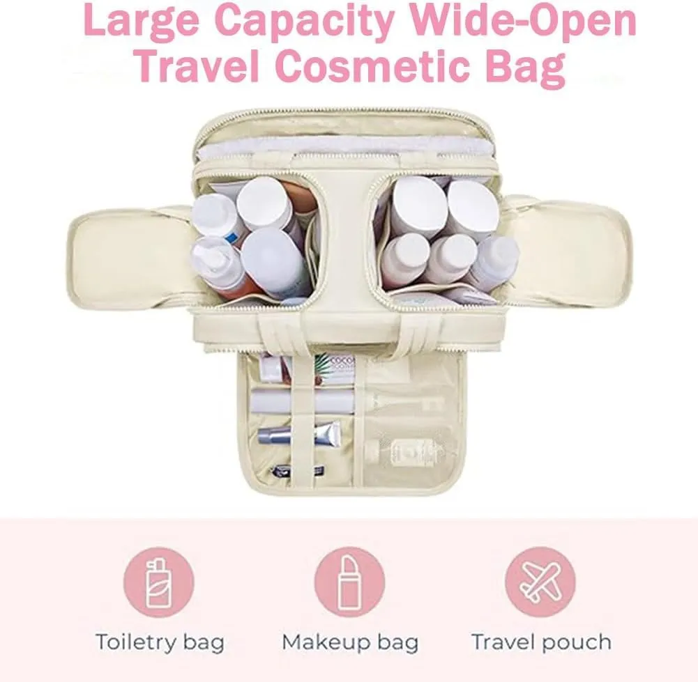Cureaway Travel Cosmetic Bag, Large Capacity Wide-Open Travel Cosmetic Bag, Flat Toiletry Bags for Women, Wash Pouch Portable Hanging Organizer (White)