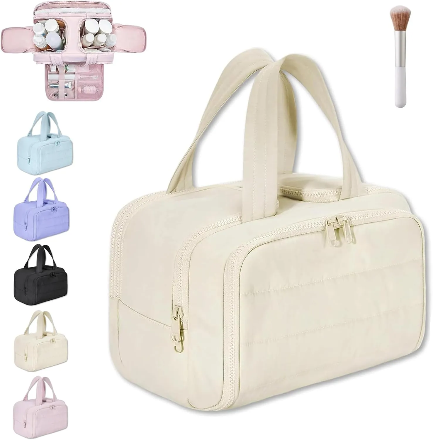 Cureaway Travel Cosmetic Bag, Large Capacity Wide-Open Travel Cosmetic Bag, Flat Toiletry Bags for Women, Wash Pouch Portable Hanging Organizer (White)