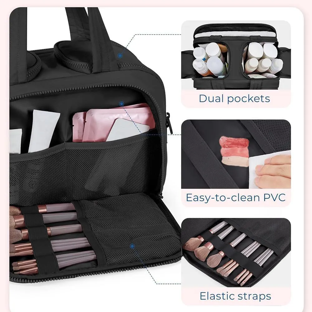 Cureaway Travel Cosmetic Bag, Large Capacity Wide-Open Travel Cosmetic Bag, Flat Toiletry Bags for Women, Wash Pouch Portable Hanging Organizer (White)