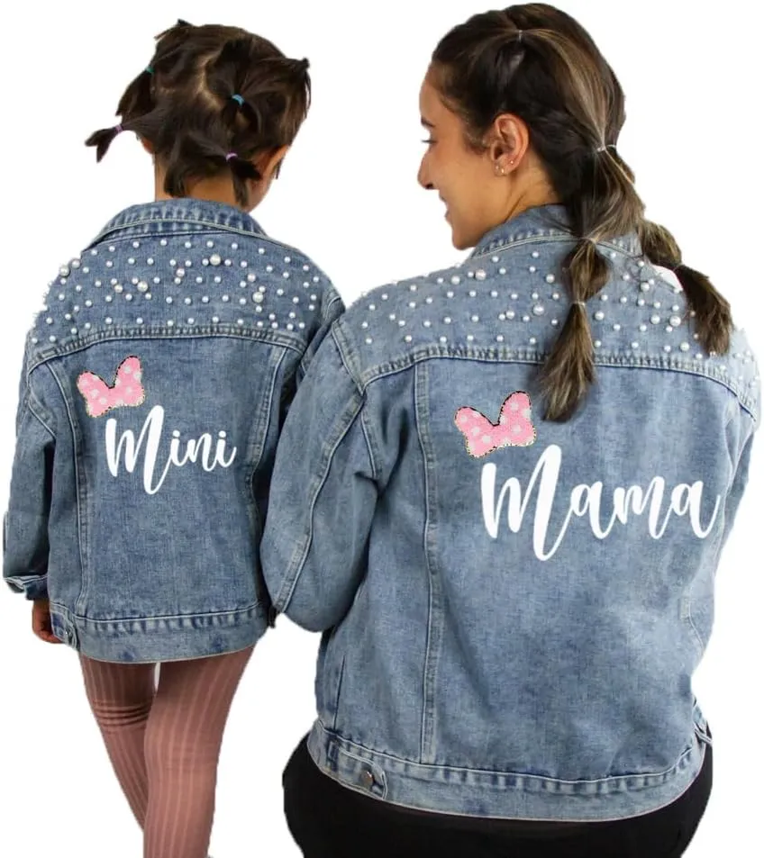 Customized Denim Jacket for Women and Kids Jean Jacket with Pearls, Matching Outfits for Toddler, Baby, Mom