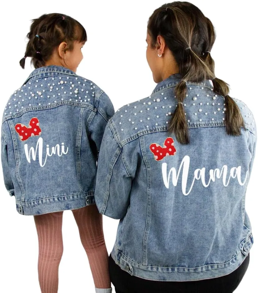 Customized Denim Jacket for Women and Kids Jean Jacket with Pearls, Matching Outfits for Toddler, Baby, Mom