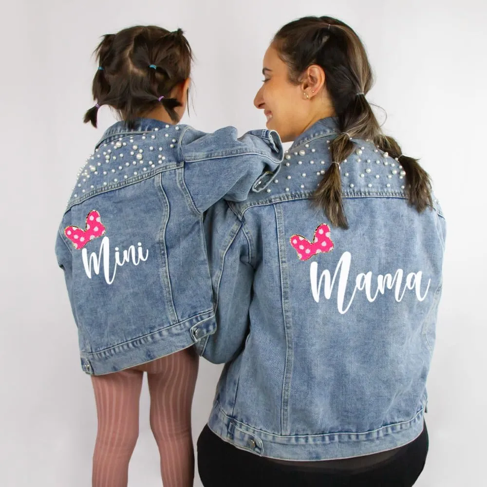 Customized Denim Jacket for Women and Kids Jean Jacket with Pearls, Matching Outfits for Toddler, Baby, Mom