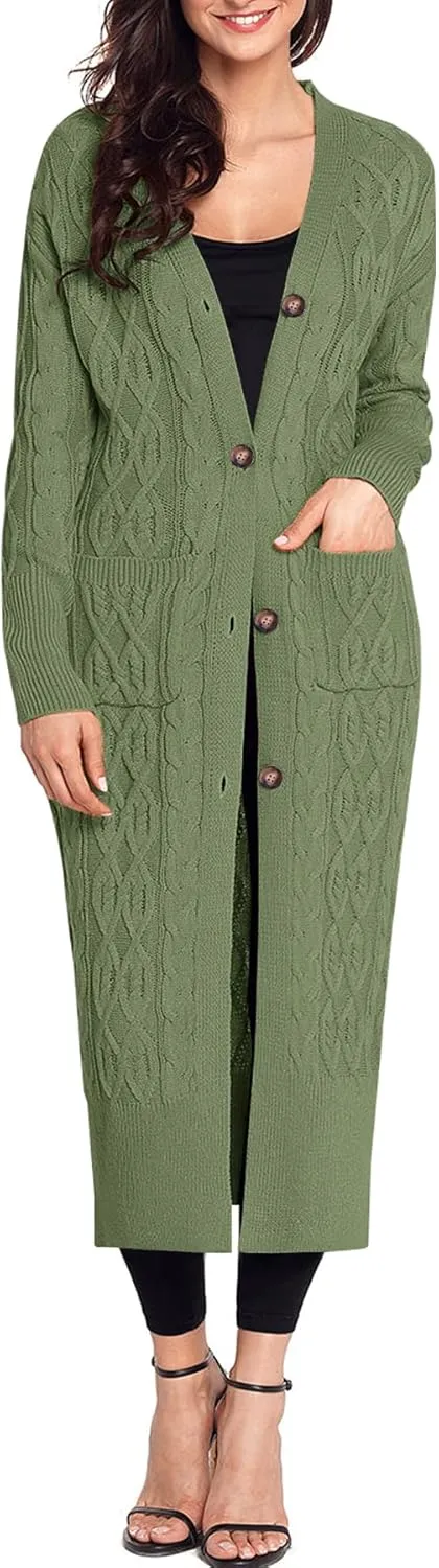 Danedvi Women's Long Cardigans Long Sleeve Cable Knit Button Down Open Front Chunky Knit Sweaters Coats with Pockets