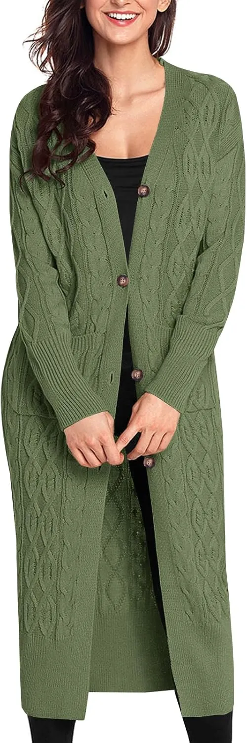 Danedvi Women's Long Cardigans Long Sleeve Cable Knit Button Down Open Front Chunky Knit Sweaters Coats with Pockets