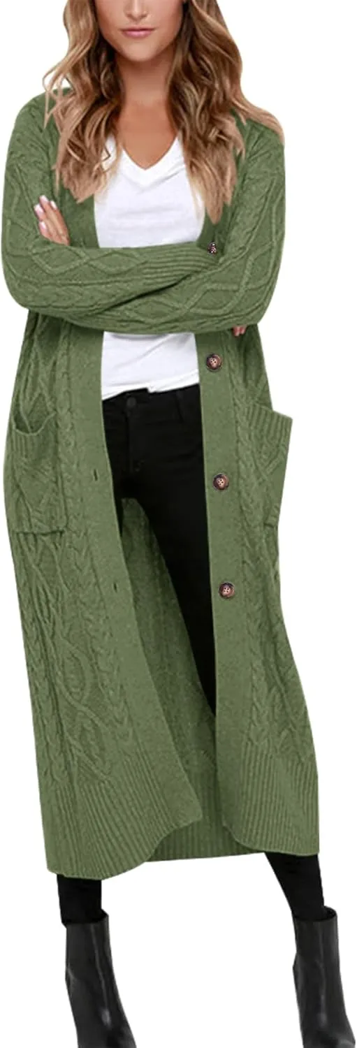 Danedvi Women's Long Cardigans Long Sleeve Cable Knit Button Down Open Front Chunky Knit Sweaters Coats with Pockets