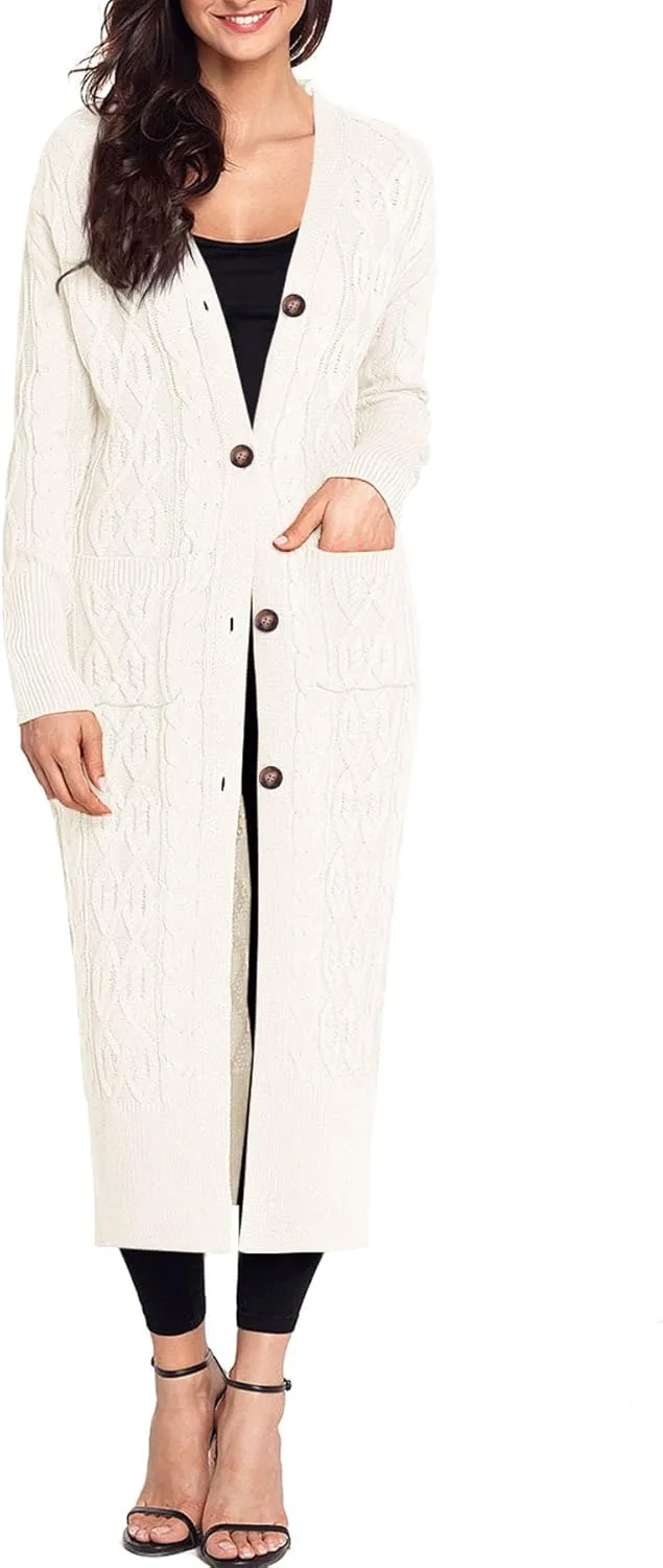 Danedvi Women's Long Cardigans Long Sleeve Cable Knit Button Down Open Front Chunky Knit Sweaters Coats with Pockets