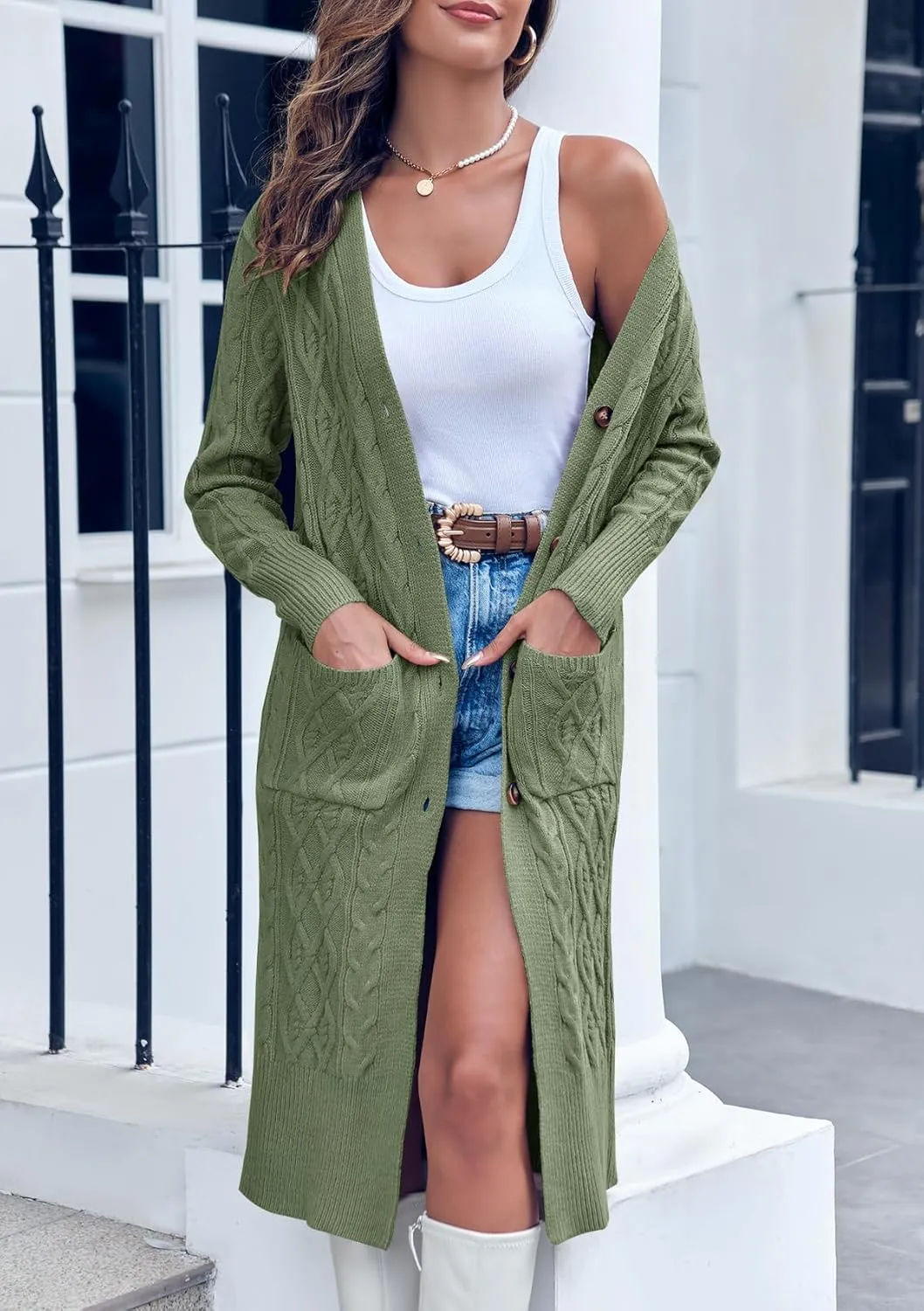 Danedvi Women's Long Cardigans Long Sleeve Cable Knit Button Down Open Front Chunky Knit Sweaters Coats with Pockets