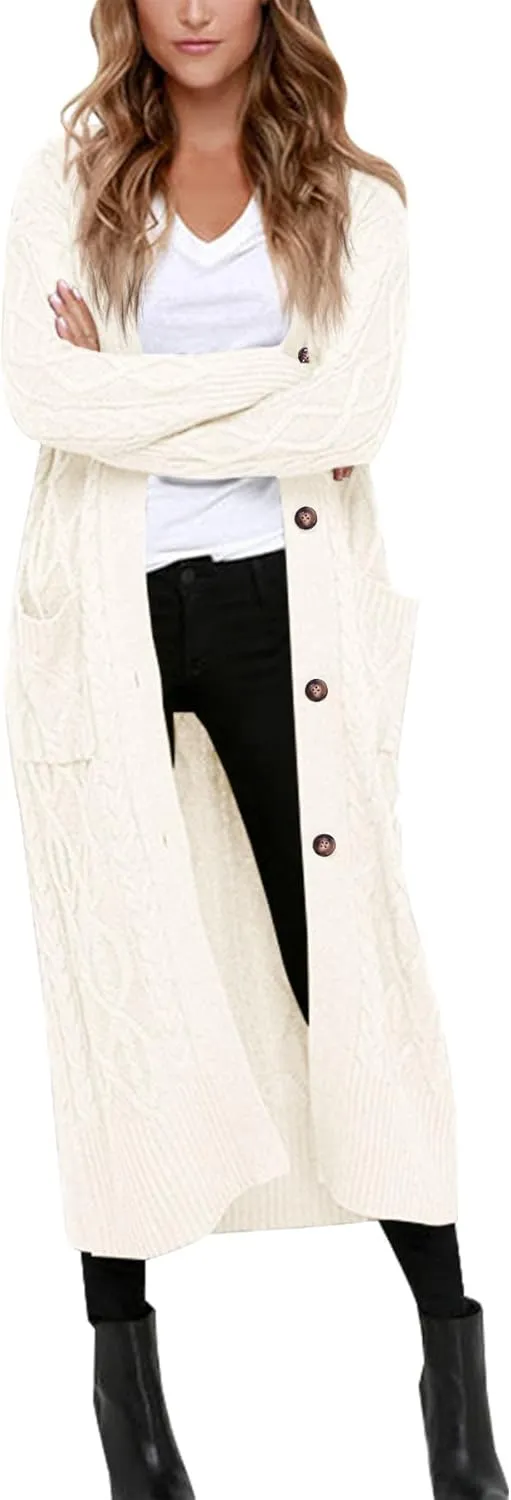 Danedvi Women's Long Cardigans Long Sleeve Cable Knit Button Down Open Front Chunky Knit Sweaters Coats with Pockets