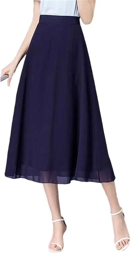 DBFBDTU Chiffon Back Elastic High Waist Solid Color Long Skirts Summer Women Midi Skirts Office Lady Loose Skirts