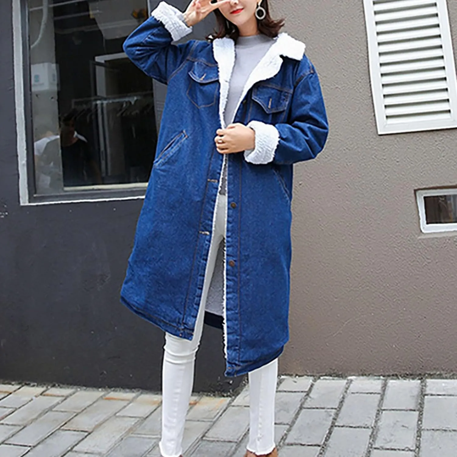 DDAPJ pyju Women's Hooded Denim Jacket Mid-Long Sherpa Fleece Lined Thicken Winter Coats Trucker Jacket Overcoat with Pockets