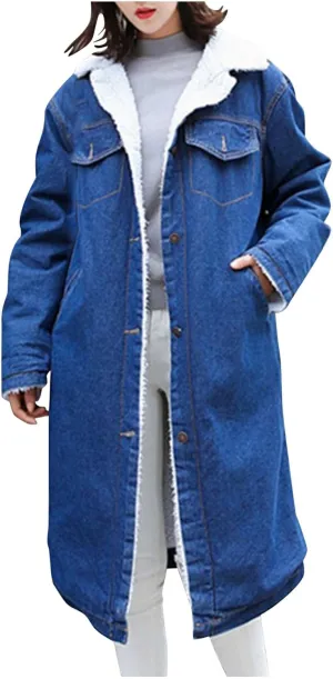 DDAPJ pyju Women's Hooded Denim Jacket Mid-Long Sherpa Fleece Lined Thicken Winter Coats Trucker Jacket Overcoat with Pockets