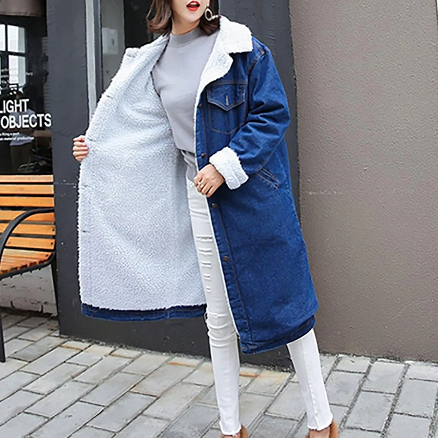 DDAPJ pyju Women's Hooded Denim Jacket Mid-Long Sherpa Fleece Lined Thicken Winter Coats Trucker Jacket Overcoat with Pockets