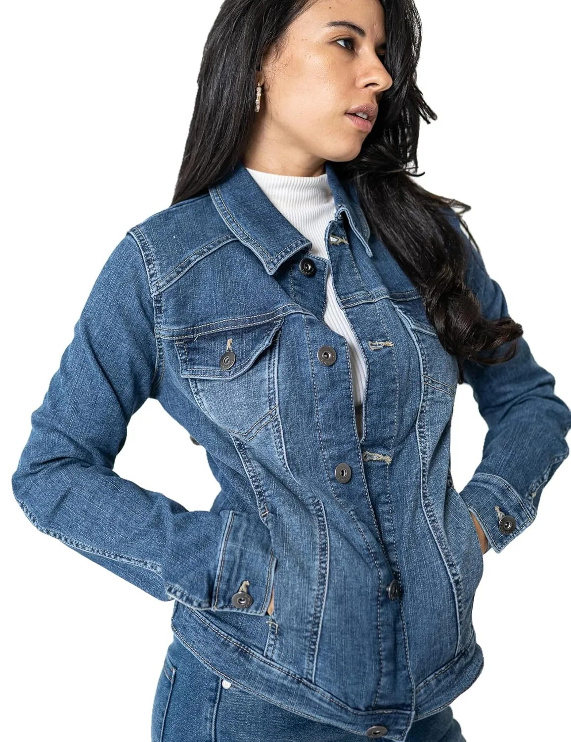 Denim blue jean jacket for women, faded blue denim, fitted feminine style, machine embroidered back design of tiger in cherry blossoms. (L)