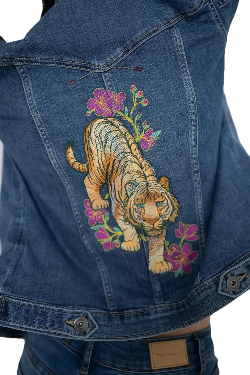Denim blue jean jacket for women, faded blue denim, fitted feminine style, machine embroidered back design of tiger in cherry blossoms. (L)