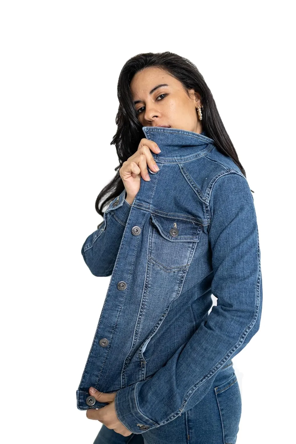 Denim blue jean jacket for women, faded blue denim, fitted feminine style, machine embroidered back design of tiger in cherry blossoms. (L)