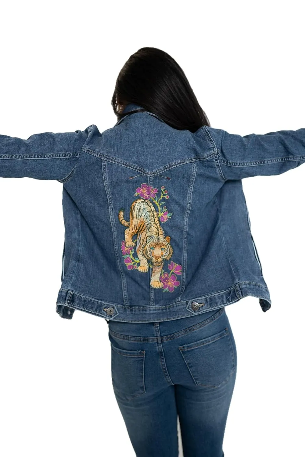 Denim blue jean jacket for women, faded blue denim, fitted feminine style, machine embroidered back design of tiger in cherry blossoms. (L)