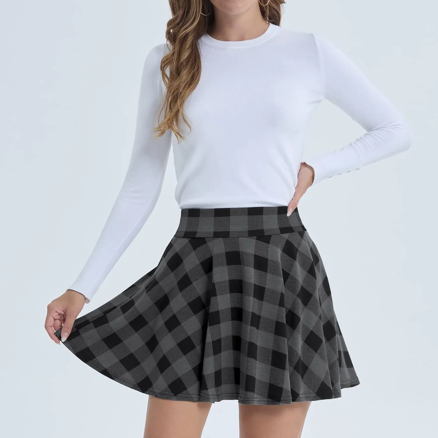 DJT Women Plaid Skirts Soft Stretchy High Waist Flared A-Line Mini Skater Skirt with Shorts