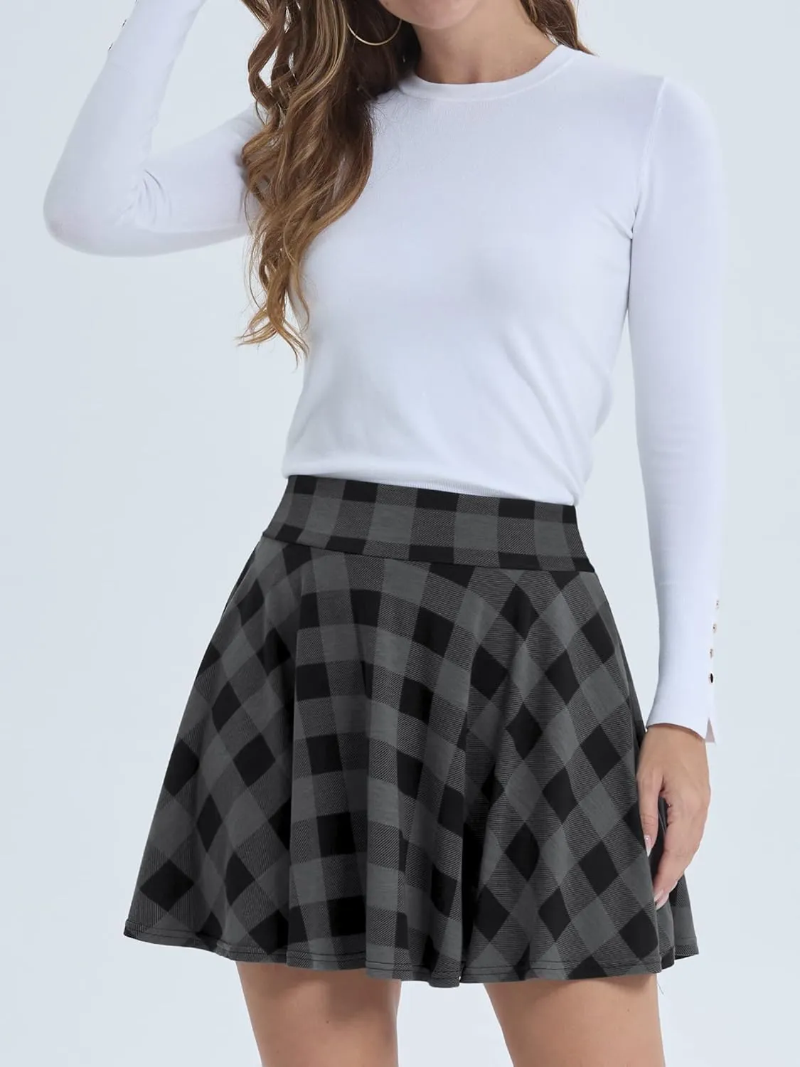DJT Women Plaid Skirts Soft Stretchy High Waist Flared A-Line Mini Skater Skirt with Shorts
