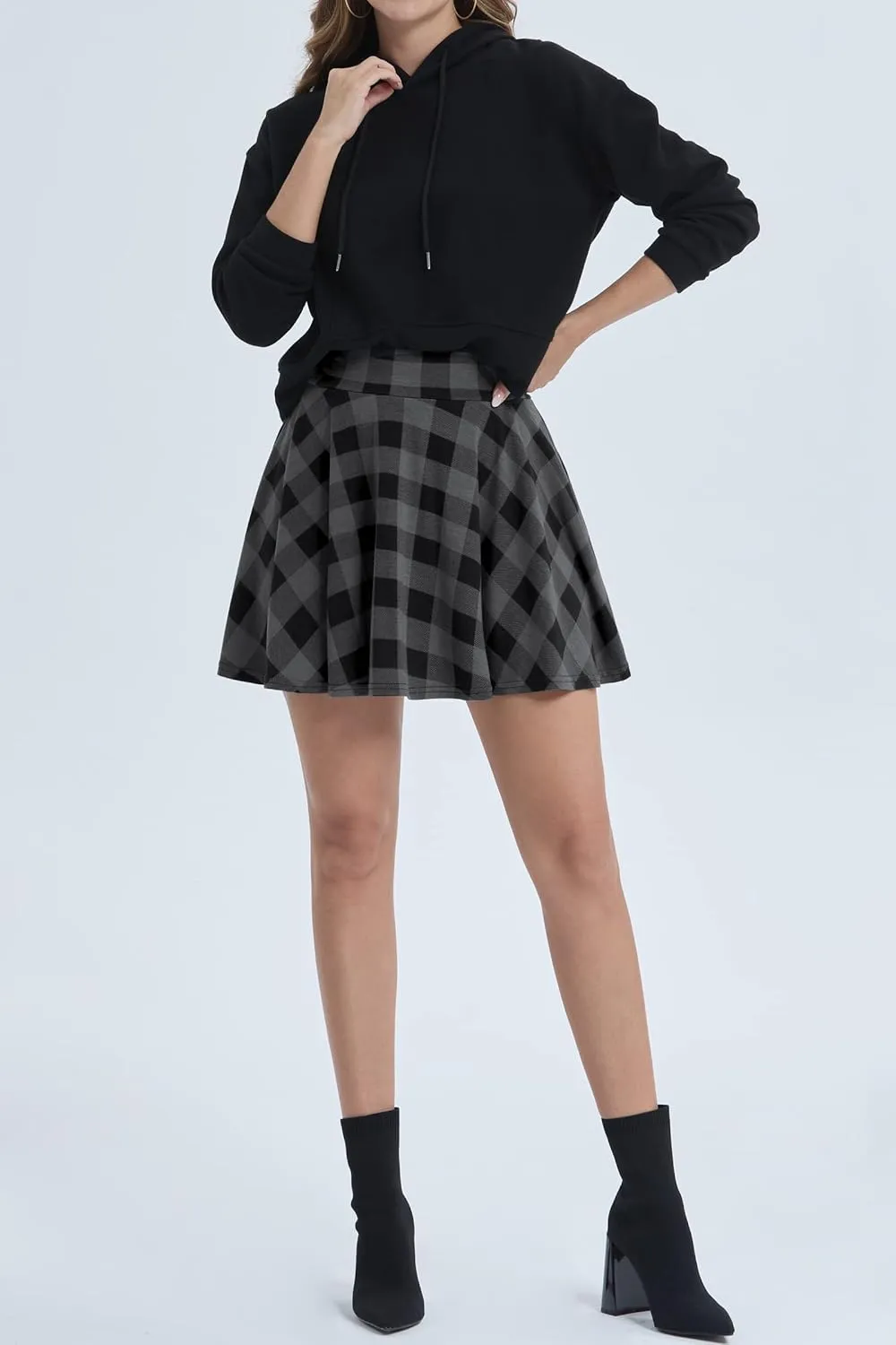 DJT Women Plaid Skirts Soft Stretchy High Waist Flared A-Line Mini Skater Skirt with Shorts