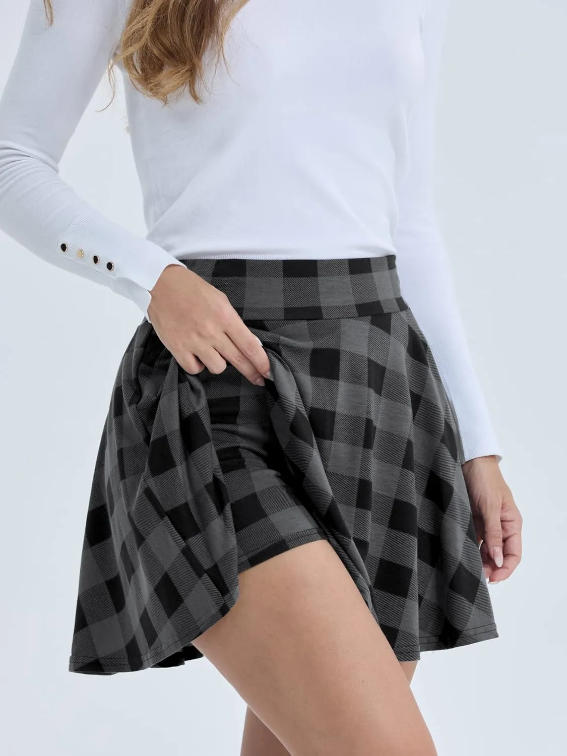DJT Women Plaid Skirts Soft Stretchy High Waist Flared A-Line Mini Skater Skirt with Shorts