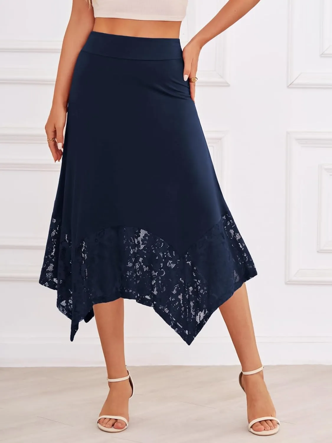 DJT Womens Flat Elastic High Waist Skirts Stretchy Flowy Handkerchief Lace Splicing Hem Midi Skirt